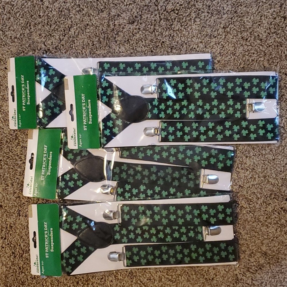 Set of 4 Mens Womens St. Patrick's Day Suspenders Shamrocks Irish Costume NWT